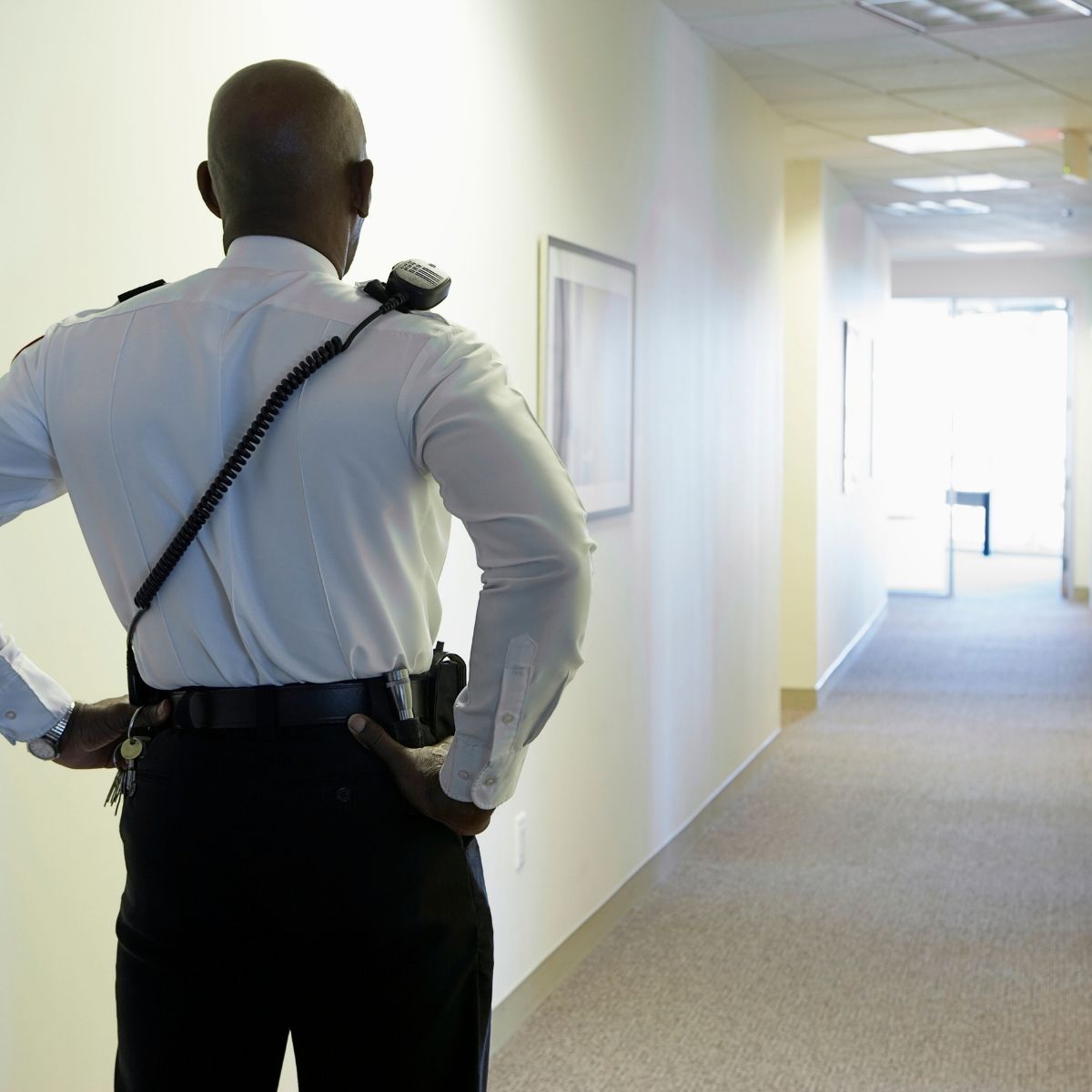 Un agent de sécurité privée en uniforme, prêt à intervenir sur son site.